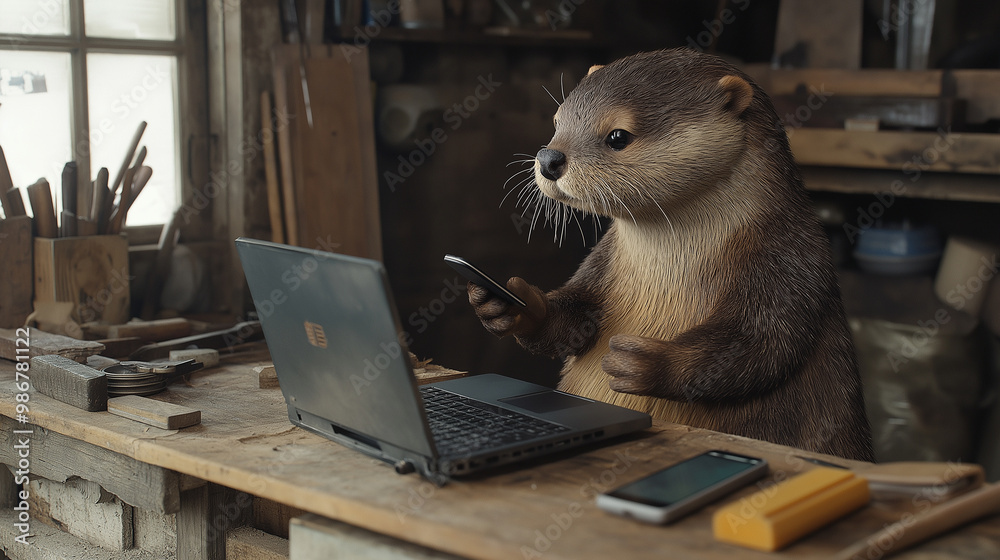 Poster Otter working on computer and holding smartphone in workshop
