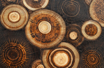Close-up of tree rings with the wood grain visible and cross sections 