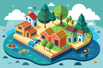 Fototapeta premium A lively illustration depicting a residential area with houses, trees, and water flooding surrounding it, Customizable flood illustration