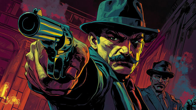 Two gangsters are pointing guns in a dark alley - Powered by Adobe