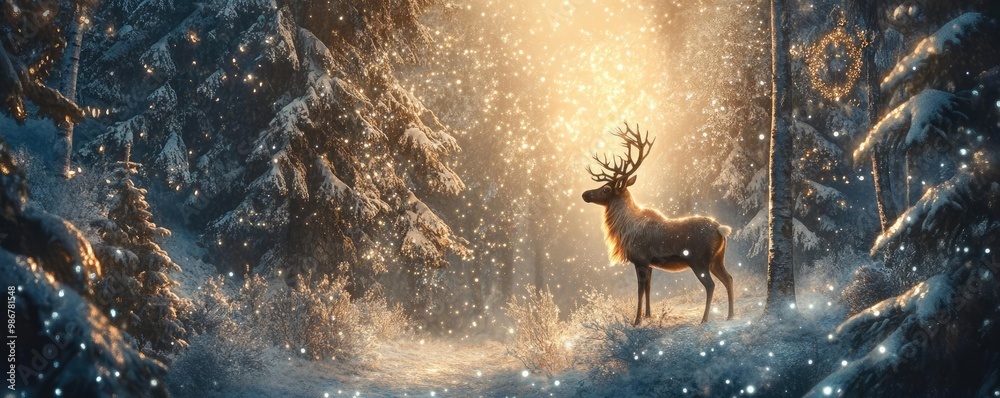 Poster a majestic deer stands in a snowy forest, illuminated by soft golden light, creating a serene and ma