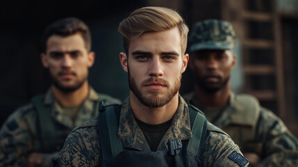 Fototapeta premium Group of three military men wearing camouflage uniforms standing together