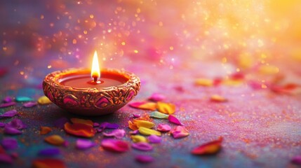 A single diya with intricate floral designs and small decorative gifts, on a luxurious rainbow colored surface with glitters and sparkles in air, low level angle, copy space, happy Diwali background