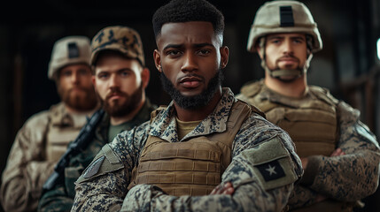 Fototapeta premium Group of military soldiers standing together with arms crossed