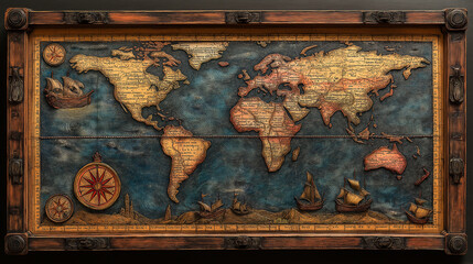 Antique world map showing age of exploration and seafaring with sailing ships and compasses
