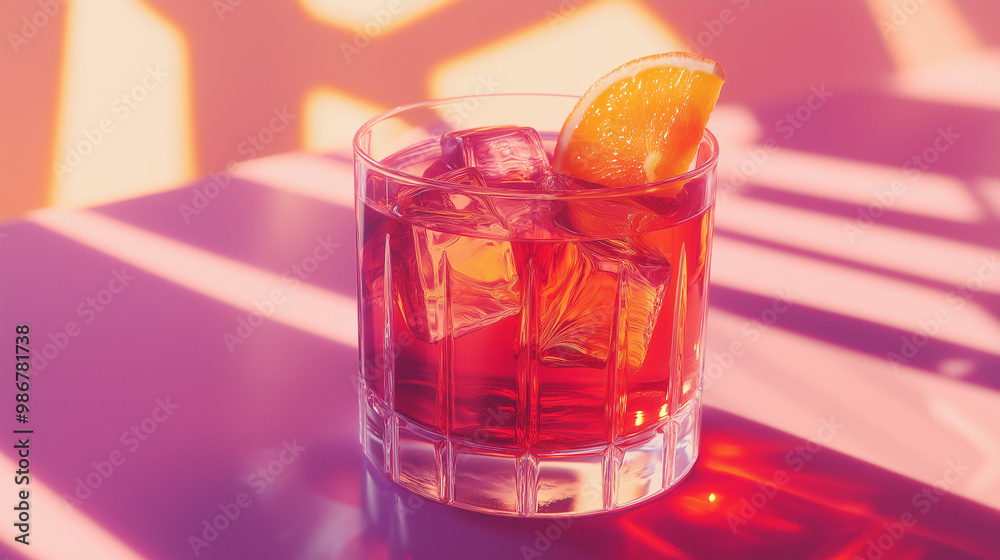 Poster negroni cocktail standing on table with sunlight shining through blinds creating colorful shadows