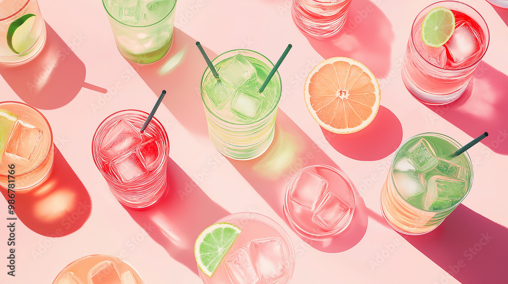 Poster Summer cocktails with lime and grapefruit casting refreshing shadows on pink background