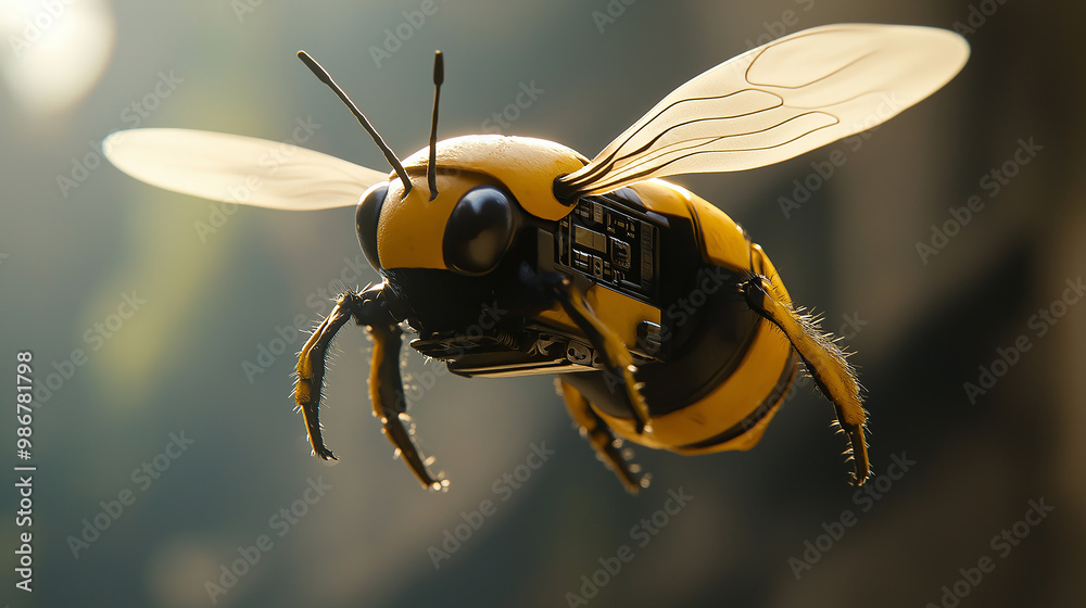 Aufkleber robot bee flying with exposed circuits and wires