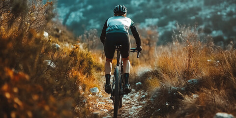 A cyclist pushing through mountain trail, navigating rocky terrain surrounded by nature. determination and focus are evident as they tackle challenging path ahead