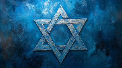 Silver star of david on a textured blue background representing judaism