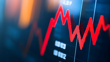 Fototapeta premium Close-up of downward-trending line graph on digital screen, symbolizing drop in earnings, financial decline visualized with charts and numbers.