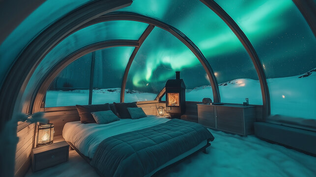Cozy igloo hotel room interior with fireplace burning and northern lights outside panoramic window