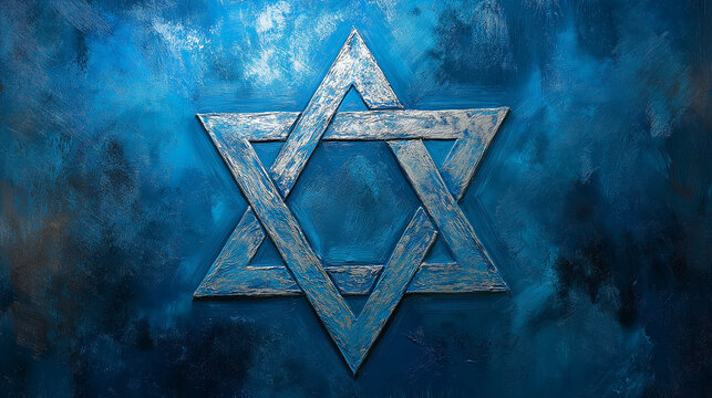 Silver star of david on a textured blue background representing judaism