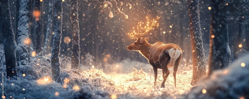 Poster a majestic deer illuminated by enchanting lights in a serene snowy forest, creating a magical winter