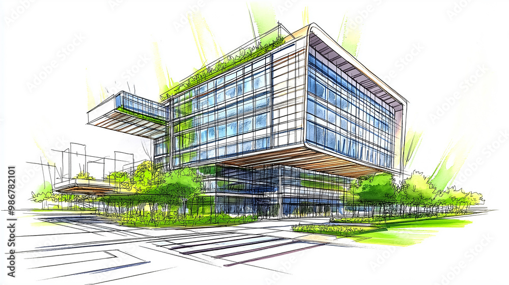 Poster Modern green building project with trees being presented by architect