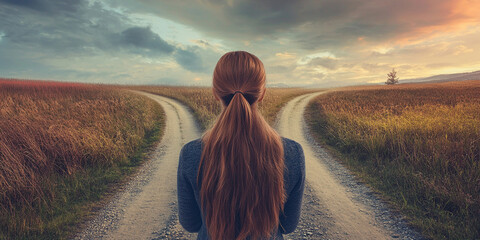A young woman gazes down two diverging paths, contemplating her choices amidst serene landscape. golden fields and dramatic sky evoke sense of reflection and decision making