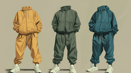 Three men wearing colorful tracksuits posing with hands in pockets