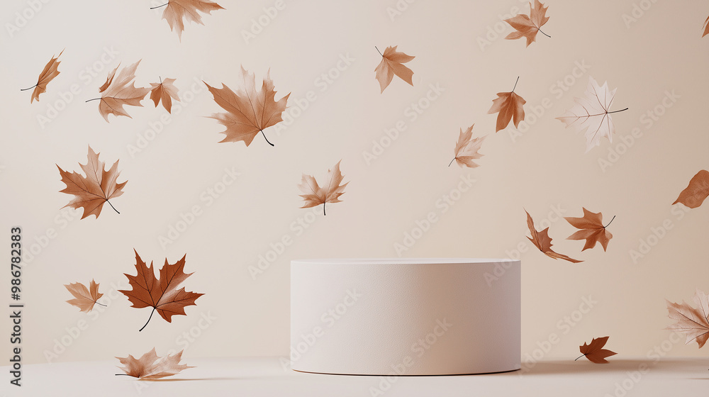 Poster Autumn leaves falling around empty podium on pastel background