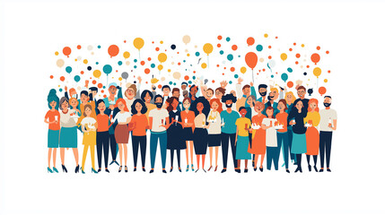 Diverse group of people celebrating with balloons and confetti
