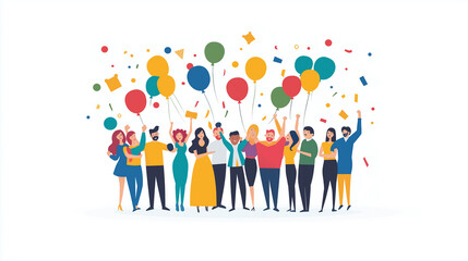 Group of people celebrating with balloons and confetti