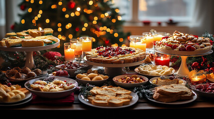 Fototapeta premium Christmas Dinner table full of dishes with food and snacks, New Year's decor with a Christmas tree on the background
