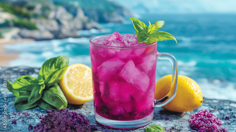 Poster refreshing purple lemonade with ice and basil on the beach