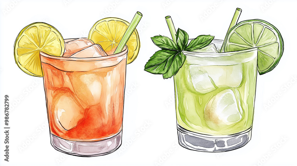 Poster two refreshing cocktails with lime and lemon slices and straws