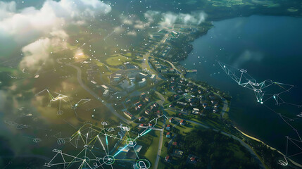 Obraz premium Montage showcasing smart infrastructure development AI in real estate development illustrating resilient and sustainable infrastructure designed by AI