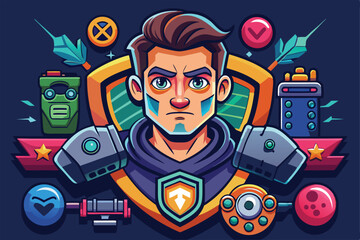 A dynamic gaming illustration shows a character in armor surrounded by various gaming icons and elements, Customizable gaming illustration with disproportionate features.