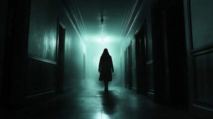 Mysterious figure walking down long dark corridor