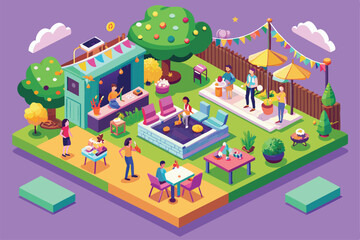 Enjoy a lively garden party with friends featuring colorful decorations, food, and activities in a backyard setting, Customizable garden party illustration in isometric style.