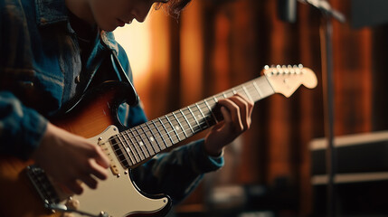 Obraz premium Young musician playing electric guitar during recording session in music studio