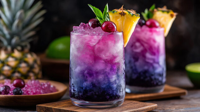 Two refreshing purple cocktails with pineapple and mint are waiting on a bar