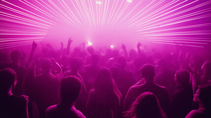 Crowd enjoying electronic music festival with laser show and pink lights