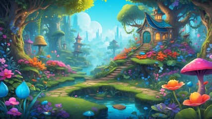 Fototapeta premium Enchanted Garden with Vibrant Hues Cartoon Background Design