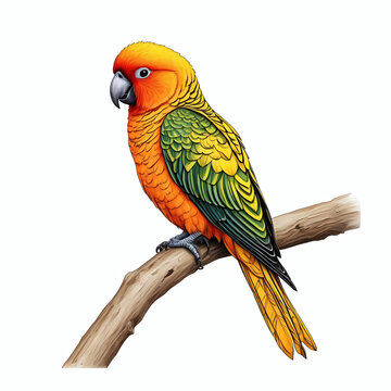 recommend clip art: Sun conure bird perched on a tree branch illustration isolated on white background