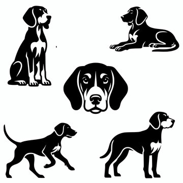 Set of black and tan coonhound vector silhouette collection set, dog breed clip art element bundle