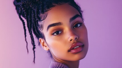 Fototapeta premium Close-up of a young woman with braided hair, soft expression, isolated on a pastel lavender background, bright lighting.