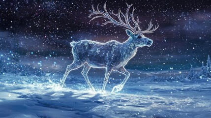 Magical winter scene with a glowing reindeer trotting through soft snow under a starlit sky, capturing the essence of the holidays.