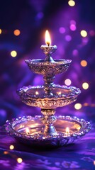 Ornate silver diya with gemstone embellishments, set on a deep purple backdrop with twinkling fairy lights, copy space, happy Diwali background, traditional, Indian festival