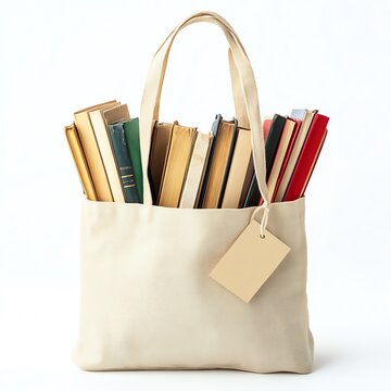 A book lover's tote bag filled with novels, with a Black Friday tag hanging from the handle, cute and literary, isolated on white background