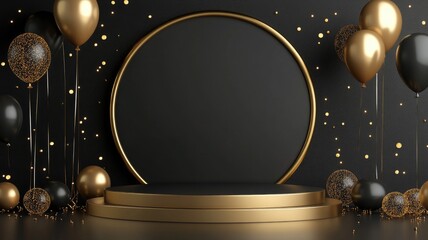 Elegant black and gold circular podium with balloons confetti, suitable for celebrations showcases
