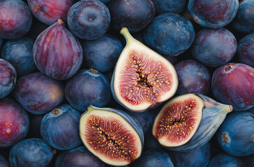 A pile of fresh figs one cut in half to reveal the juicy interior