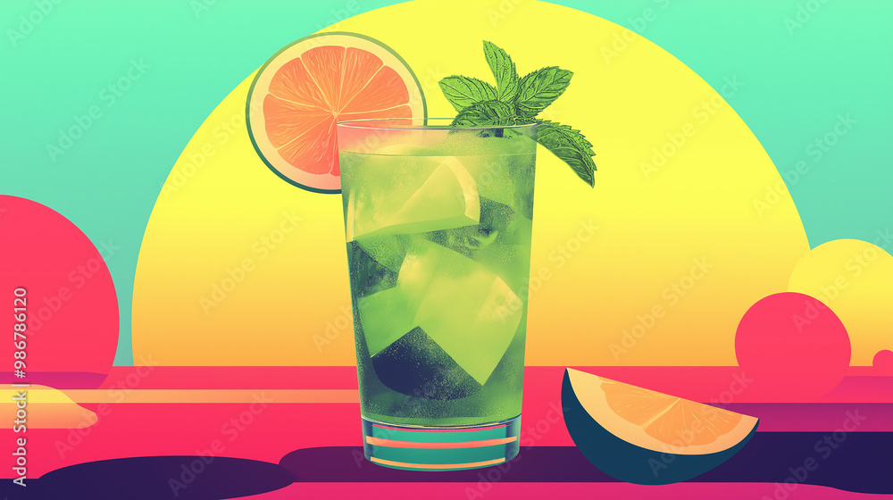 Poster green cocktail with ice cubes, mint and lime on colorful abstract background