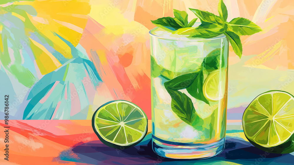 Poster Refreshing mojito cocktail with lime and mint on colorful background