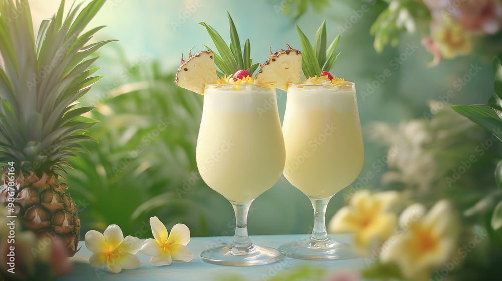 Poster Two pina coladas are standing on a table in a tropical setting