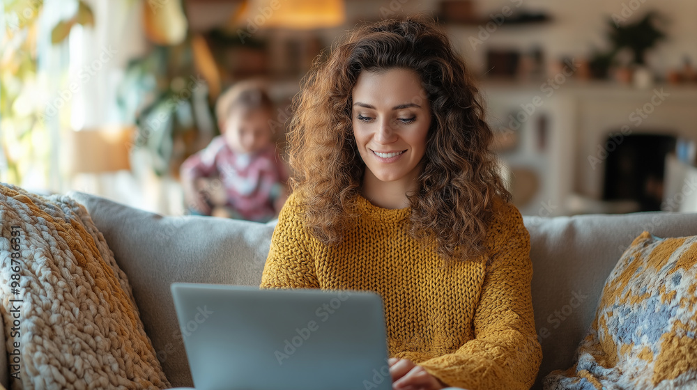 Aufkleber Smiling mother working from home sitting on sofa using laptop while child plays in background