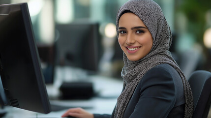 Young muslim businesswoman smiling while working on computer