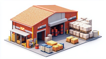 A vibrant warehouse exterior showcasing stacked pallets and storage equipment, ideal for logistics and industry-themed visuals.