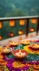 Vibrant, hand-painted diyas placed on a colorful rangoli of petals and powders, with a view of a decorated balcony adorned with lanterns in the background. Copy space, happy Diwali background